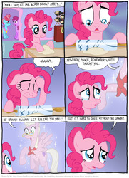 Size: 792x1094 | Tagged: safe, artist:kturtle, berry punch, berryshine, cup cake, granny pie, pinkie pie, earth pony, ghost, pegasus, pony, undead, comic:the story of granny pie, g4, background pony, comic, crying, dough, feels, female, floppy ears, flying, glasses, mare, rolling pin, sad, wine bottle