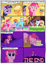 Size: 795x1094 | Tagged: safe, artist:kturtle, applejack, fluttershy, granny pie, pinkie pie, rainbow dash, rarity, twilight sparkle, earth pony, pegasus, pony, unicorn, comic:the story of granny pie, g4, accent, applejack's hat, basket, cake, cherry, cherry on top, comic, cowboy hat, crying, cupcake, feels, female, food, hat, looking up, mane six, mare, mouth hold, night, party, pinkie being pinkie, pronking, punch (drink), punch bowl, starry eyes, teary eyes, the end, unicorn twilight, wingding eyes