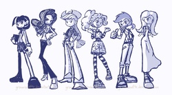 Size: 1200x661 | Tagged: safe, artist:grimarionette, applejack, fluttershy, pinkie pie, rainbow dash, rarity, twilight sparkle, human, g4, clothes, dress, female, flattershy, humanized, line-up, mane six, monochrome, shoes, sketch, skinny, skirt, sneakers, thin