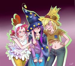 Size: 1312x1158 | Tagged: safe, artist:author-chan, applejack, pinkie pie, twilight sparkle, human, g4, luna eclipsed, belly button, costume, halloween, humanized, midriff