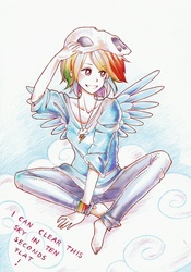 Size: 629x897 | Tagged: safe, artist:author-chan, rainbow dash, human, g4, barefoot, bone, bracelet, clothes, cloud, cloudy, feet, female, grin, humanized, jeans, necklace, sitting, skull, smiling, spread wings, winged humanization