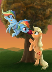 Size: 1892x2592 | Tagged: safe, artist:dawnmistpony, applejack, rainbow dash, g4, apple, female, lesbian, mouth hold, ship:appledash, shipping, tree