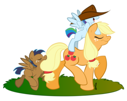 Size: 3000x2400 | Tagged: safe, artist:littletiger488, applejack, oc, oc:circuit, oc:eden, g4, accessory theft, blank flank, colt, foal, high res, male, mouth hold, offspring, parent:applejack, parent:rainbow dash, parent:soarin', parents:soarindash, parents:soarinjack, ponies riding ponies, riding, simple background, tail bite, tail pull, transparent background