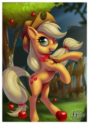 Size: 713x992 | Tagged: safe, artist:14-bis, applejack, earth pony, pony, g4, apple, female, fence, mare, open mouth, rearing, solo, tree, wink