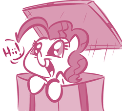 Size: 900x818 | Tagged: safe, artist:tess, pinkie pie, earth pony, pony, g4, box, cute, diapinkes, female, hi, leaning, mare, monochrome, open mouth, pony in a box, present, smiling, solo