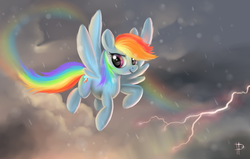 Size: 1920x1223 | Tagged: safe, artist:rom-art, rainbow dash, pony, g4, cloud, cloudy, female, flying, lightning, rain, rainbow, sky, solo, storm, wallpaper