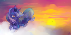 Size: 1200x600 | Tagged: safe, artist:nyanamo, princess luna, pony, g4, cloud, cloudy, female, prone, s1 luna, solo