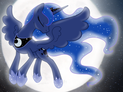 Size: 1600x1200 | Tagged: safe, artist:celestialess, princess luna, pony, g4, eyes closed, female, flying, moon, solo