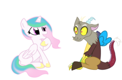 Size: 1350x888 | Tagged: safe, artist:ladyluck117, discord, princess celestia, alicorn, draconequus, pony, g4, female, filly, filly celestia, male, simple background, transparent background, young, young celestia, young discord, younger