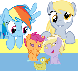 Size: 4000x3640 | Tagged: safe, artist:beavernator, derpy hooves, dinky hooves, rainbow dash, scootaloo, pony, g4, baby, baby dinky hooves, baby pony, baby scootaloo, bath, equestria's best mother, female, foal, rubber duck, scootalove