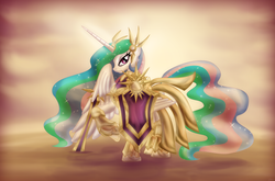 Size: 2048x1350 | Tagged: dead source, safe, artist:zedrin, princess celestia, alicorn, pony, g4, armor, crossover, female, league of legends, leona, shield, solo, sword, warrior celestia, weapon