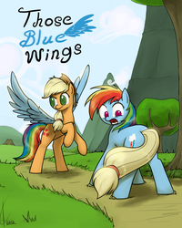 Size: 1600x2000 | Tagged: safe, artist:valcron, applejack, rainbow dash, earth pony, pegasus, pony, fanfic:those blue wings, g4, body part swap, cover, duo, earth pony rainbow dash, fanfic, fanfic art, fanfic cover, female, flapplejack, looking at self, mare, race swap, role reversal, shock, shocked, spread wings, tail swap, wings