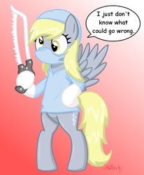 Size: 700x850 | Tagged: safe, artist:kaizenwerx, derpy hooves, pegasus, pony, g4, bipedal, bonesaw, clothes, dialogue, doctor, female, gloves, gradient background, hacksaw, i just don't know what went wrong, latex, latex gloves, saw, scrubs (gear), solo, surgeon, surgeon simulator 2013, this will end in death, this will end in tears, what could possibly go wrong, xk-class end-of-the-world scenario