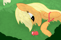 Size: 2000x1317 | Tagged: safe, artist:dazed-and-wandering, applejack, earth pony, pony, g4, apple, female, loose hair, obligatory apple, on side, solo