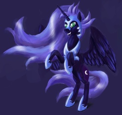 Size: 959x900 | Tagged: dead source, safe, artist:steamroller988, nightmare moon, alicorn, pony, g4, fangs, female, helmet, hoof shoes, jewelry, mare, peytral, rearing, regalia, smiling, solo