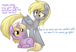 Size: 1041x711 | Tagged: dead source, safe, artist:php27, derpy hooves, dinky hooves, pegasus, pony, unicorn, g4, cute, daaaaaaaaaaaw, derpabetes, dialogue, dinkabetes, duo, equestria's best mother, female, filly, foal, heartwarming, hnnng, mare, mother and daughter, open mouth, simple background, sweet dreams fuel, text, weapons-grade cute, white background