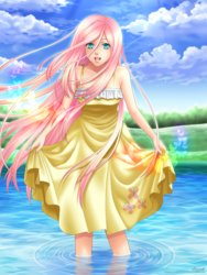 Size: 1200x1600 | Tagged: safe, artist:ilovepockyy, artist:pockicchi, fluttershy, human, g4, clothes, dress, female, humanized, scenery, solo, water