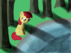 Size: 4667x3500 | Tagged: safe, artist:r-b-d, apple bloom, earth pony, pony, g4, blank flank, female, filly, foal, grass, looking at something, missing accessory, outdoors, pond, sitting, solo, tree, water