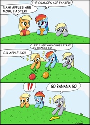 Size: 2198x3040 | Tagged: safe, artist:ciriliko, applejack, derpy hooves, rainbow dash, pegasus, pony, g4, apple, banana, comic, creeper, female, high res, male, mare, orange, that pony sure does love apples, the simpsons