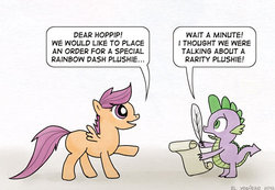 Size: 500x345 | Tagged: safe, artist:el-yeguero, scootaloo, spike, g4, plushie, rarity plushie