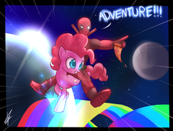 Size: 2500x1900 | Tagged: safe, artist:mister-markers, pinkie pie, earth pony, human, pony, g4, crossover, deadpool, duo, female, food, humans riding ponies, mare, pizza, rainbow, riding, space