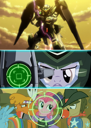 Size: 692x969 | Tagged: safe, derpy hooves, pinkie pie, pegasus, pony, g4, crossover, dynames gundam, female, gn 002, gundam, gundam 00, mare