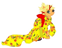 Size: 1907x1476 | Tagged: safe, artist:rena-muffin, applejack, earth pony, pony, g4, alternate hairstyle, female, kimono (clothing), simple background, solo, white background