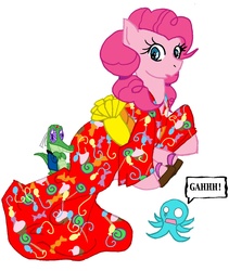 Size: 1172x1386 | Tagged: safe, artist:rena-muffin, gummy, pinkie pie, octopus, g4, dialogue, headband, kimono (clothing), simple background, white background