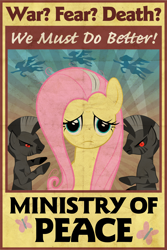 Size: 9000x13500 | Tagged: safe, artist:catsby, fluttershy, pony, zebra, fallout equestria, g4, anti-war, crossover, fallout, female, mare, ministry mares, ministry of peace, poster, propaganda, propaganda poster