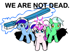 Size: 800x582 | Tagged: safe, artist:marcusmaximus, lyra heartstrings, minuette, twinkleshine, pony, unicorn, g4, female, pony platforming project, simple background, toothbrush, trio, white background