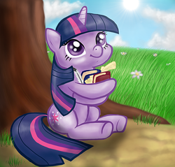 Size: 846x808 | Tagged: safe, artist:idontknow350, twilight sparkle, pony, g4, book, female, scroll, solo, tree