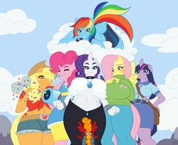 Size: 1280x1044 | Tagged: safe, artist:sheela, applejack, fluttershy, pinkie pie, rainbow dash, rarity, twilight sparkle, oc, anthro, g4, applebucking thighs, belly button, big breasts, breasts, busty applejack, busty fluttershy, busty rarity, busty twilight sparkle, clothes, dress, female, front knot midriff, giantess, giantshy, huge breasts, low angle, macro, mane six, midriff, size difference, skirt, sweater, sweatershy
