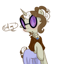 Size: 500x563 | Tagged: safe, oc, oc only, pony, unicorn, clothes, ears, female, glasses, horn, oh my, raised hoof, simple background, skirt, solo, speech bubble, sweat, sweatdrop, unicorn oc