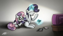 Size: 1920x1080 | Tagged: safe, artist:dori-to, rarity, sweetie belle, pony, g4, battlefield, duo, gamer belle, video game