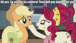 Size: 960x540 | Tagged: safe, edit, edited screencap, screencap, applejack, cherry jubilee, pony, g4, the last roundup, image macro, madame jubilee, meme