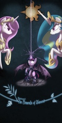 Size: 1002x1965 | Tagged: safe, artist:sip, princess celestia, twilight sparkle, g4, bat wings, cover, elements of discord, glowing eyes, magic, princess shoes, trio, twilight doom, wings