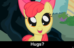 Size: 1024x672 | Tagged: safe, apple bloom, g4, bronybait, cs captions, eyes, faic, hug, hug request, image macro