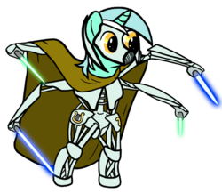 Size: 657x570 | Tagged: safe, lyra heartstrings, cyborg, pony, unicorn, g4, bipedal, crossover, energy weapon, female, general grievous, hooves, horn, lightsaber, mare, simple background, solo, star wars, transparent background, weapon