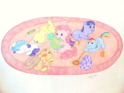 Size: 640x480 | Tagged: safe, artist:dordtchild, applejack, fluttershy, pinkie pie, rainbow dash, rarity, twilight sparkle, pony, unicorn, g4, :p, :t, babity, baby, baby dash, baby pie, baby pony, babyjack, babylight sparkle, babyshy, candy, cute, daaaaaaaaaaaw, drool, egg, female, filly, foal, hat, lollipop, mane six, nom, on back, open mouth, pillow, prone, rolling, rug, smiling, tongue out, traditional art, unicorn twilight