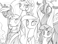 Size: 800x600 | Tagged: safe, artist:valcron, princess cadance, princess celestia, princess luna, queen chrysalis, shining armor, twilight sparkle, changeling, changeling queen, g4, female, grayscale, monochrome, reaction image, varying degrees of want