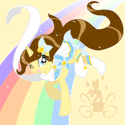 Size: 1280x1280 | Tagged: safe, artist:piichu-pi, oc, oc only, oc:eclair, pony, unicorn, blue eyes, brown hair, brown mane, brown tail, clothes, cute, female, horn, magical girl, mare, ocbetes, one eye closed, one eye open, pony oc, rainbow, solo, starry eyes, tail, unicorn oc, wingding eyes, wink, yellow body, yellow coat, yellow fur, yellow pony