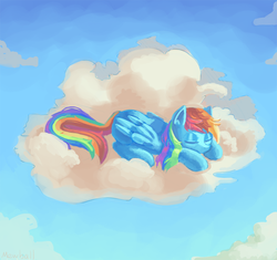 Size: 1080x1017 | Tagged: safe, artist:mewball, rainbow dash, pegasus, pony, g4, cloud, cloudy, eyes closed, female, lying down, mare, on a cloud, prone, signature, sleeping, solo, wings