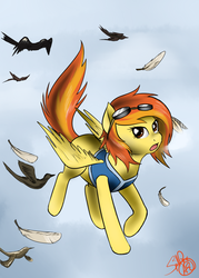 Size: 1000x1400 | Tagged: safe, artist:spittfireart, spitfire, bird, pegasus, pony, g4, clothes, female, flying, goggles, solo, vest, wonderbolts