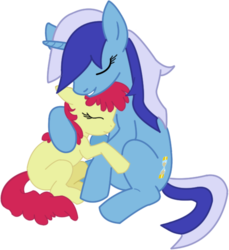 Size: 568x621 | Tagged: safe, artist:weoweno, apple bloom, minuette, earth pony, pony, unicorn, g4, duo, duo female, female, filly, foal, hug, mare, simple background, transparent background