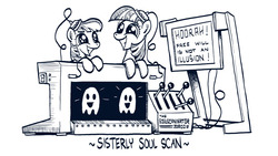 Size: 800x450 | Tagged: safe, artist:theartrix, ghost, pony, friendship is witchcraft, g4, sisterhooves social, black and white, computer, doctor who, duo, female, filly, foal, free will, grayscale, grin, illusion, leaning forward, looking at each other, machine, monochrome, scanner, simple background, sisters, smiling, soul, standing, white background