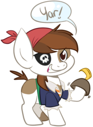 Size: 491x667 | Tagged: safe, artist:php27, pipsqueak, earth pony, pony, g4, bandana, clothes, colt, costume, eyepatch, hook, male, pirate, simple background, solo, speech bubble, transparent background