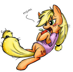 Size: 850x846 | Tagged: safe, artist:fiarel, applejack, earth pony, pony, g4, apple, clothes, colored, eating, female, herbivore, morning ponies, nom, on back, open mouth, shirt, simple background, solo, t-shirt, that pony sure does love apples, white background