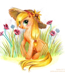 Size: 1119x1252 | Tagged: safe, artist:paulina-ap, applejack, earth pony, pony, g4, female, flower, hat, sitting, solo, traditional art