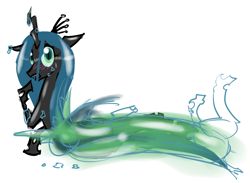 Size: 1474x1077 | Tagged: safe, artist:moronsonofboron, queen chrysalis, changeling, changeling queen, g4, blushing, embarrassed, female, looking at you, lying, molting, on side, raised hoof, simple background, solo, white background