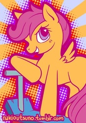 Size: 250x357 | Tagged: dead source, safe, artist:nakioutsuno, scootaloo, pegasus, pony, g4, abstract background, blank flank, female, filly, grin, heart, heart eyes, scooter, smiling, solo, spread wings, standing, watermark, wingding eyes, wings